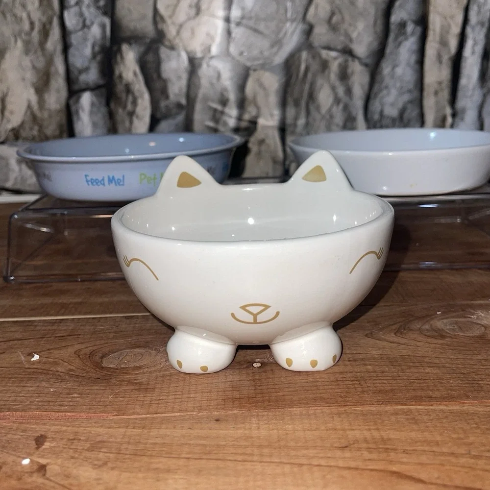 Lot Of 3 Ceramic Cat Feeding Water Bowl Dishes White, Blue Stoneware Kitty